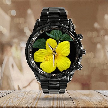 Discover One Yellow Hibiscus Calendar Steel Band Watch