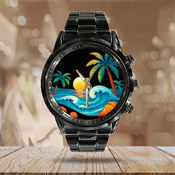 Discover Tropical Sunset Beach Vibes Calendar Steel Band Watch