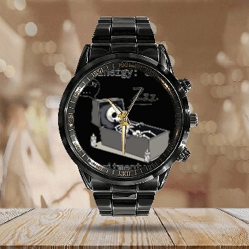 Discover Sleepy Energy 0% – Funny Skeleton Coffin Meme Calendar Steel Band Watch