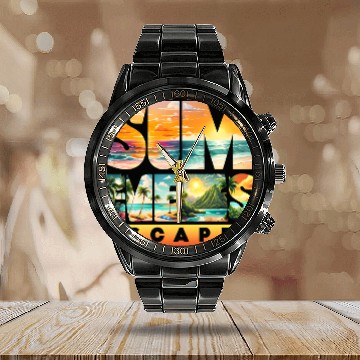 Discover Tropical Sunset Beach Scene Calendar Steel Band Watch