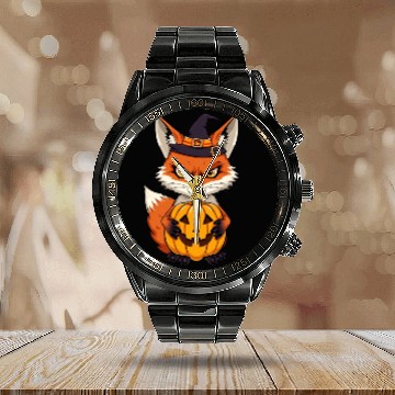 Discover Halloween fox pumpkin cartoon illustration Calendar Steel Band Watch