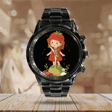Discover Cute Raspberry Girl Illustration Calendar Steel Band Watch