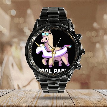 Discover Pool Party Squad Summer Llama Unicorn Calendar Steel Band Watch