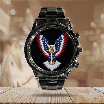 Discover American Bald Eagle with USA Flag Wing Art Design Calendar Steel Band Watch