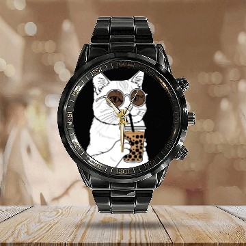 Discover Cool Cat with Bubble Tea and Sunglasses Calendar Steel Band Watch