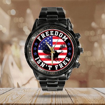 Discover Freedom Isn’t Free Eagle US Flag Patriotic Apparel Calendar Steel Band Watch