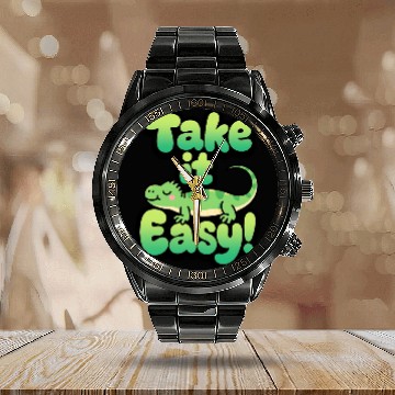 Discover Relaxed Green Lizard – Take it Easy Cartoon Design Calendar Steel Band Watch