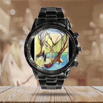 Discover Serene Autumn River Scene Illustration Calendar Steel Band Watch