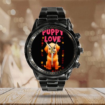 Discover Cute Puppy Love Illustration for Apparel Calendar Steel Band Watch