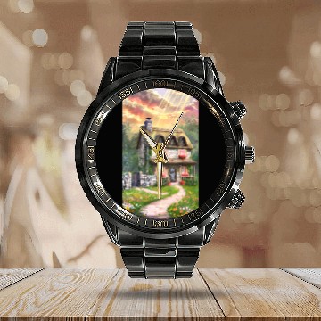 Discover Fairy Tale Cottage in Sunrise Light Calendar Steel Band Watch