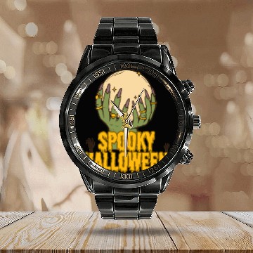 Discover Spooky Halloween Hands Holding Moon Calendar Steel Band Watch