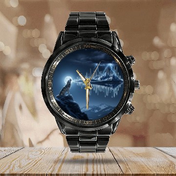 Discover Mystic Mountain Wolf Sound Wave Calendar Steel Band Watch