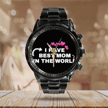 Discover Best Mom Ever with Heart Icons Calendar Steel Band Watch