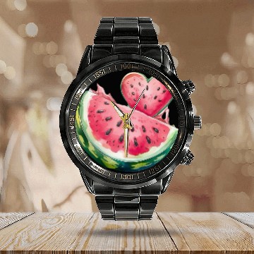Discover Watermelon Heart Fruit Illustration Calendar Steel Band Watch