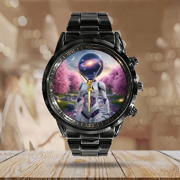 Discover Futuristic Robot in Cherry Blossom Paradise Calendar Steel Band Watch