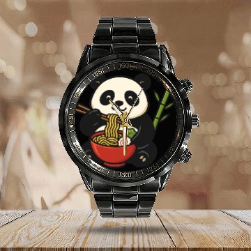 Discover Cute Panda Eating Ramen Illustration Calendar Steel Band Watch