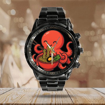 Discover Playful Octopus with Ramen Bowl Calendar Steel Band Watch