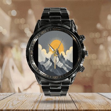 Discover Majestic Mountain Sunrise – Minimalist Nature Land Calendar Steel Band Watch