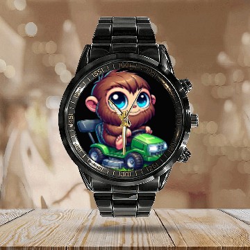 Discover Cute Bigfoot Sasquatch lawn mower gardening chibi Calendar Steel Band Watch