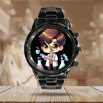 Discover Cute Scientist Chibi Illustration Calendar Steel Band Watch