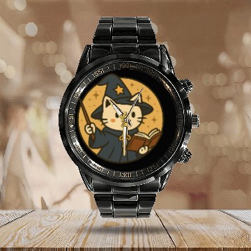 Discover Whimsical Cat Wizard in Starry Night Calendar Steel Band Watch