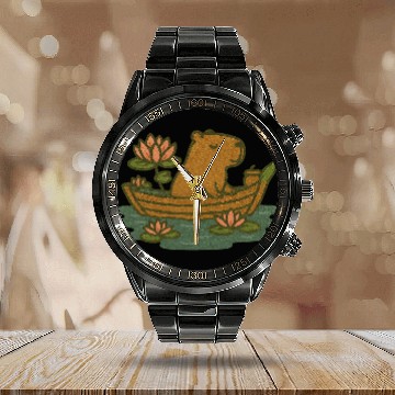 Discover Whimsical Bear in Lotus Boat Design Calendar Steel Band Watch