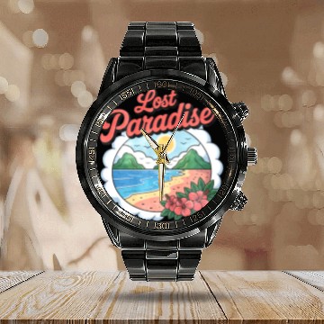 Discover Lost Paradise Tropical Scene Calendar Steel Band Watch