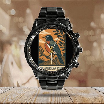 Discover American Robin Nature Illustration Calendar Steel Band Watch