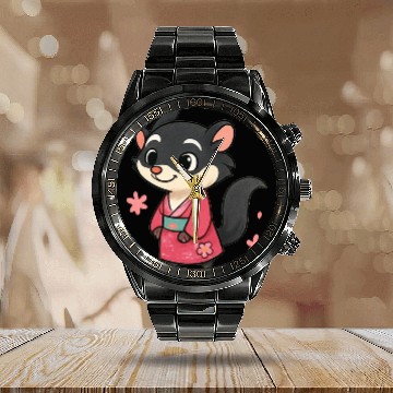 Discover Kawaii Sly Fox in Traditional Kimono Calendar Steel Band Watch