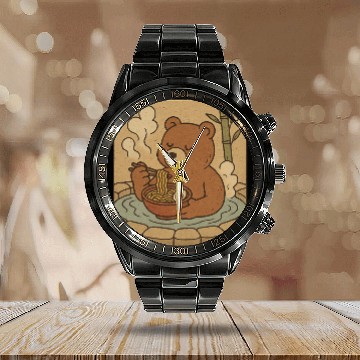 Discover Cute Bear Enjoying Warm Ramen Calendar Steel Band Watch