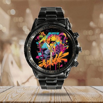 Discover Vivid Graffiti Cheetah Art Calendar Steel Band Watch