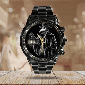 Discover Dark Medieval Plague Doctor Illustration Calendar Steel Band Watch
