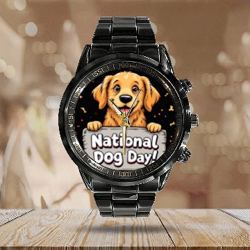 Discover Celebratory Puppy for National Dog Day Calendar Steel Band Watch