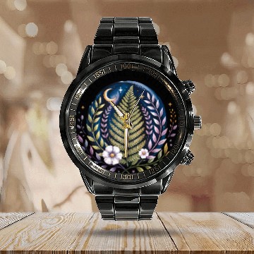 Discover Celestial Fern and Floral Moon Design Calendar Steel Band Watch