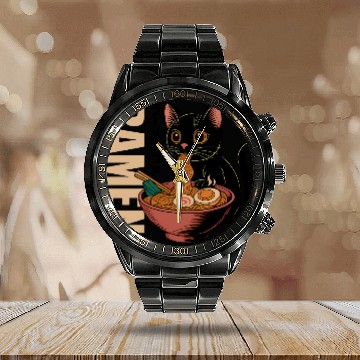 Discover Black Cat Ramen Illustration Calendar Steel Band Watch