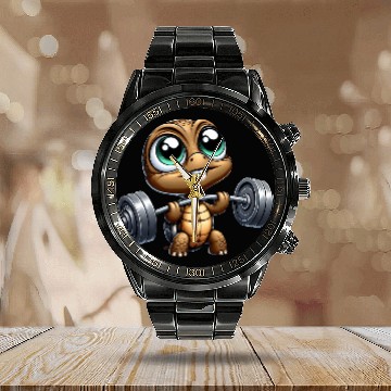 Discover Chibi turtle with barbell weightlifter cartoon Calendar Steel Band Watch