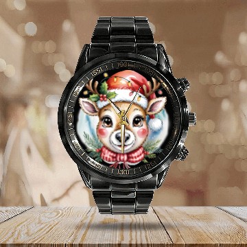 Discover Cute Rudolph Reindeer Watercolor Christmas Art Calendar Steel Band Watch