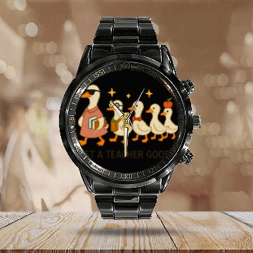 Discover Whimsical Teacher Goose with Ducklings Calendar Steel Band Watch