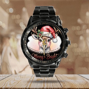 Discover Merry & Bright Cute Reindeer Watercolor Christmas Calendar Steel Band Watch