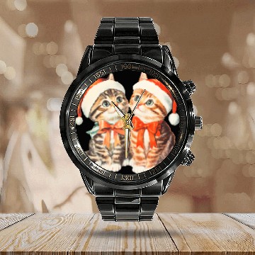 Discover Festive Kittens in Santa Hats Calendar Steel Band Watch