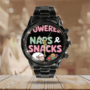 Discover Powered by Naps and Snacks Illustration Calendar Steel Band Watch