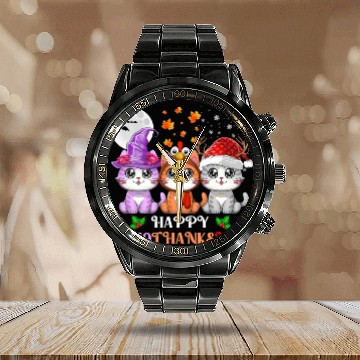Discover Happy HalloThanksMas Cute Cats Lover Calendar Steel Band Watch