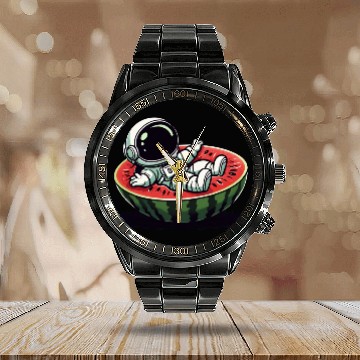 Discover Playful Astronaut on Watermelon Slice Calendar Steel Band Watch