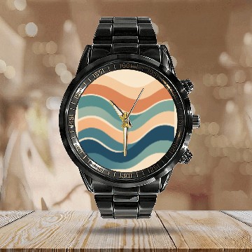 Discover Serene Ocean Wave Abstract Design Calendar Steel Band Watch