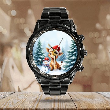 Discover Festive Giraffe with Snowman Santa Hat Calendar Steel Band Watch