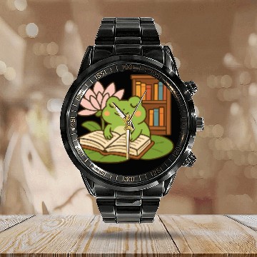 Discover Serene Frog Reading Book Under Lotus Calendar Steel Band Watch