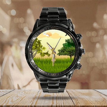 Discover Serene Forest Girl with Bunny and Birds Calendar Steel Band Watch