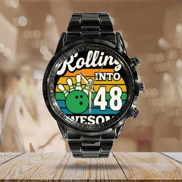 Discover Rolling into 48 with Bowling Fun Calendar Steel Band Watch