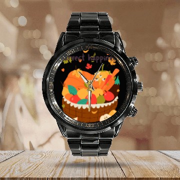 Discover Harvest Happiness Fall Produce Illustration Calendar Steel Band Watch