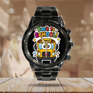 Discover Back to School Happy School Bus Calendar Steel Band Watch